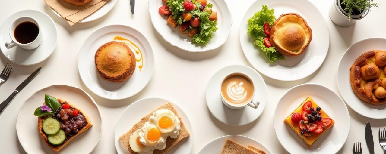 コーヒー、ペイストリー、軽食が美しく並べられたテーブルの俯瞰写真