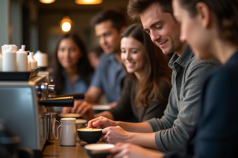 参加者がバリスタからラテアートを学んでいるワークショップの様子